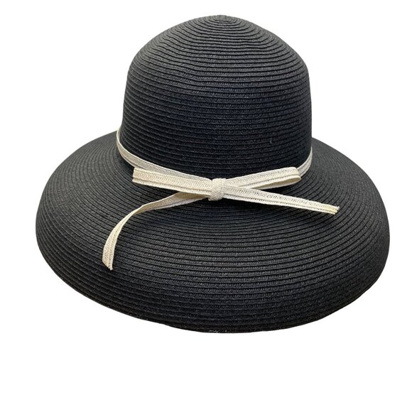 Vintage White House Black Market Womens Black & Beige Wide Brim Paper Straw Flop